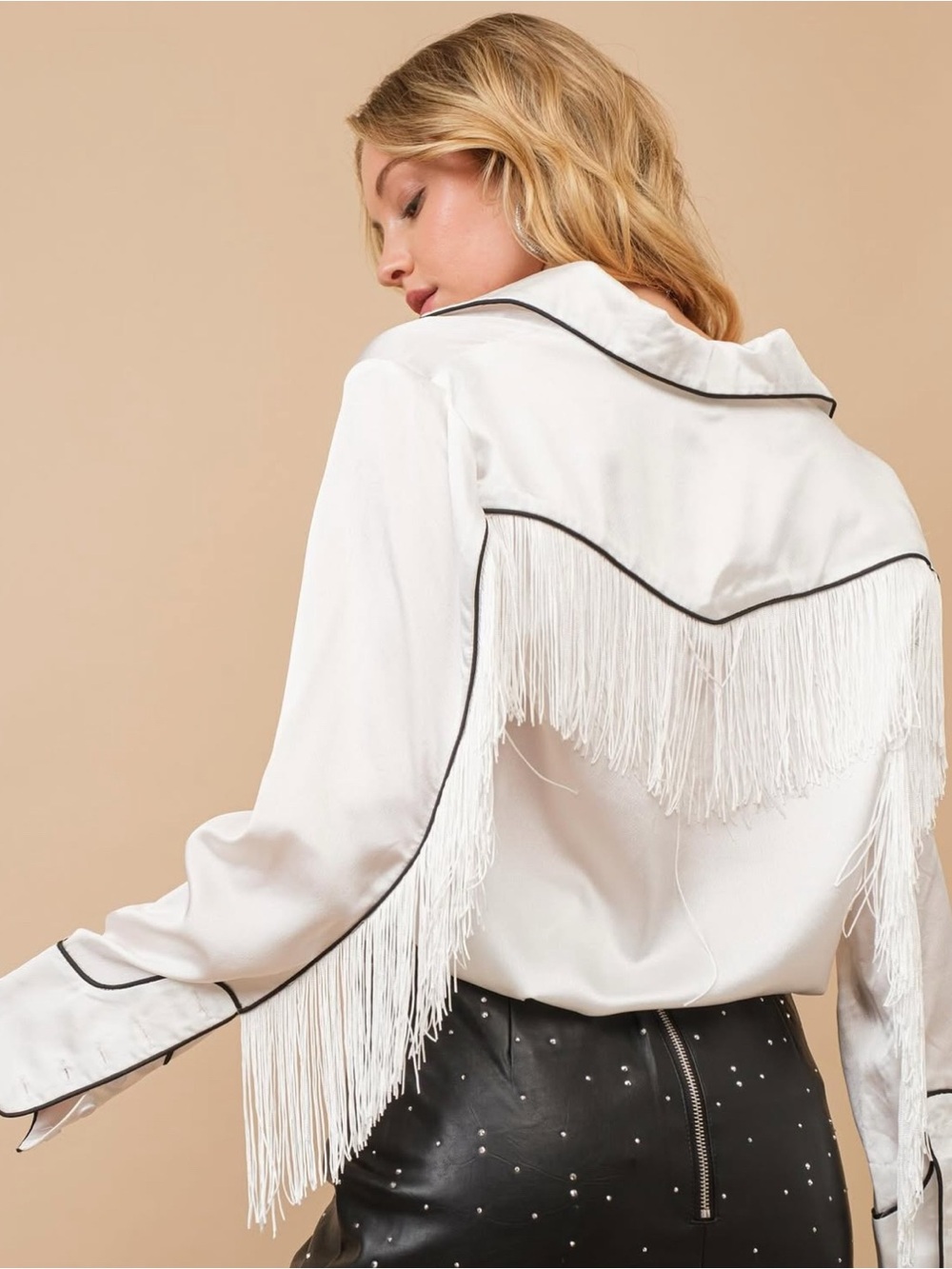 White Fringe Satin Blouse with Black Trim - Picture 2 of 4